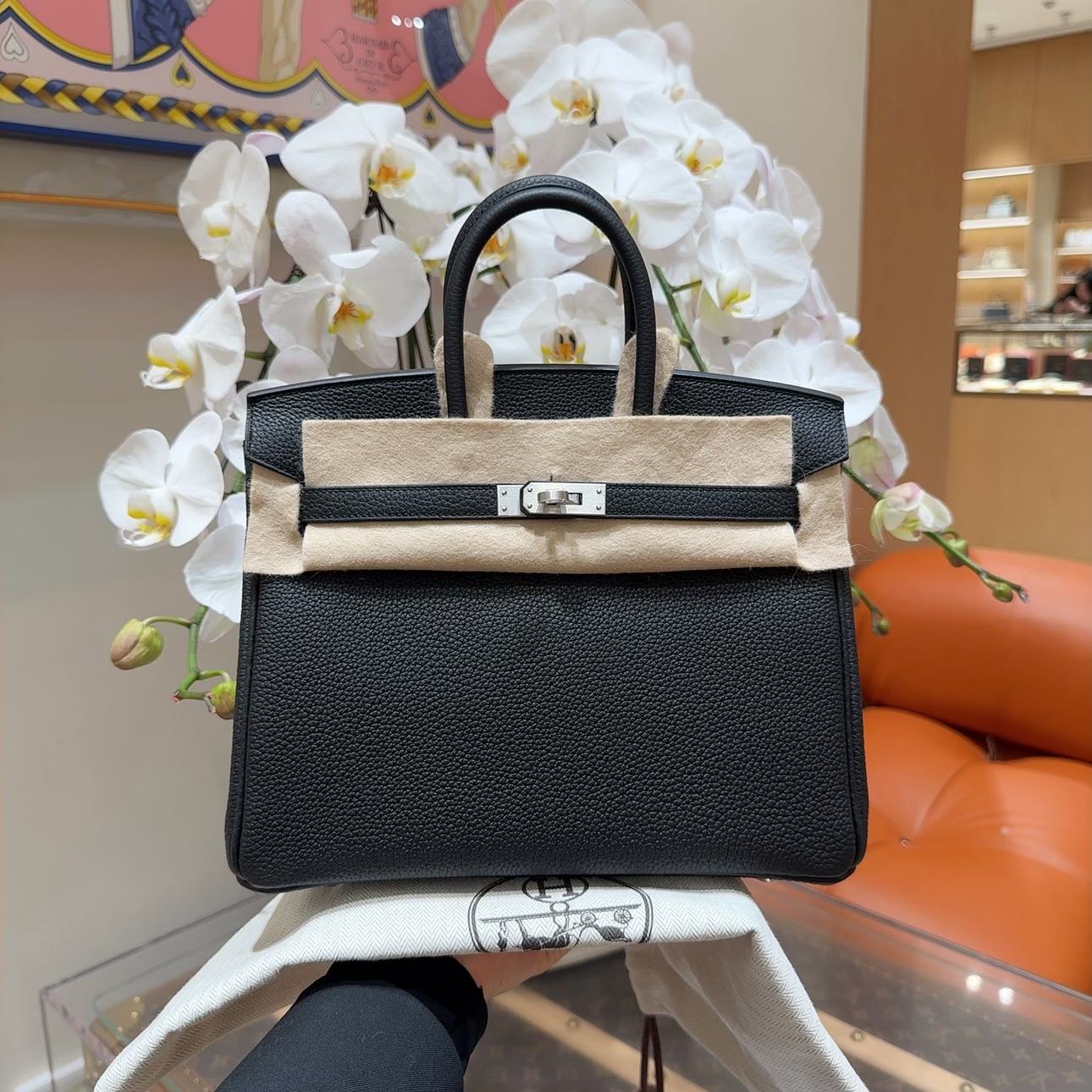 全新未使用 Hermes/爱马仕 birkin25togo皮黑拼珍珠灰拉丝银扣W刻