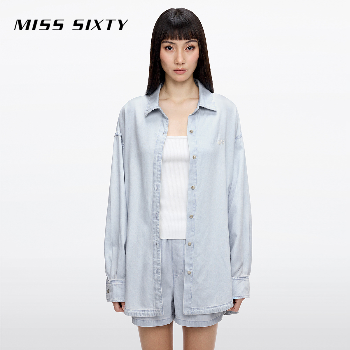 Miss Sixty2025秋季新款长袖牛仔衬衫女宽松中长款简约百搭纯色