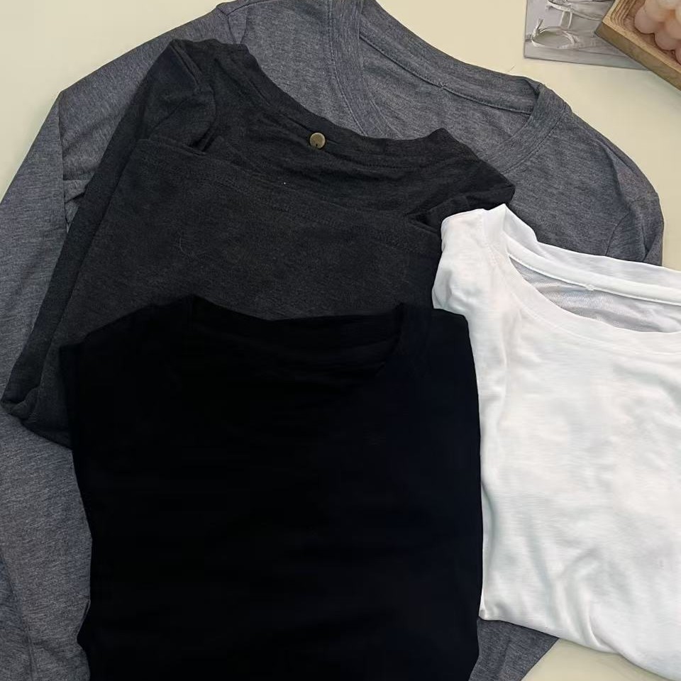 绒品 韩系纯色长袖贝母扣套头针织衫