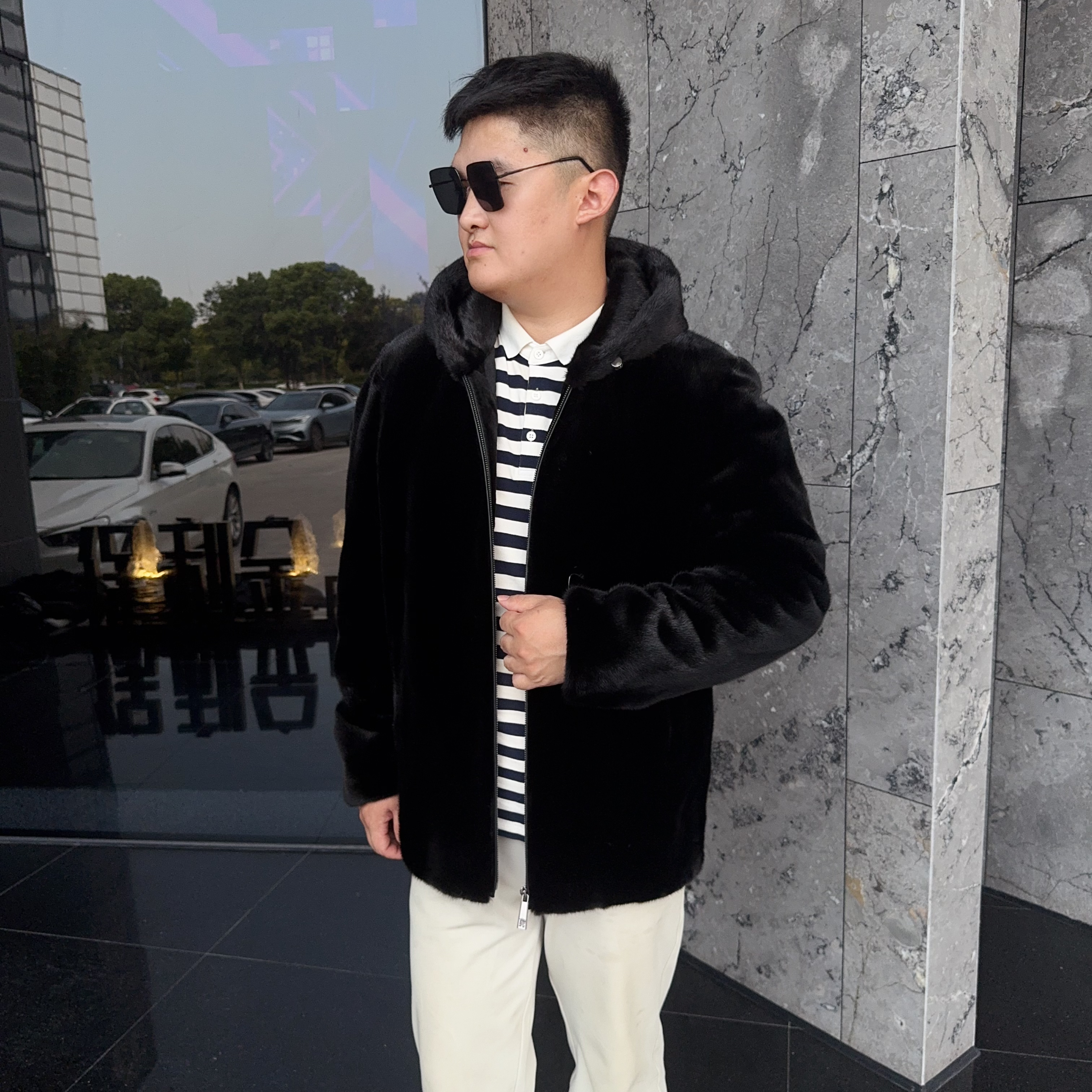 貂锦华宝嘉美黑色倒毛拉链帽翻领大号男士水貂外套貂皮男装