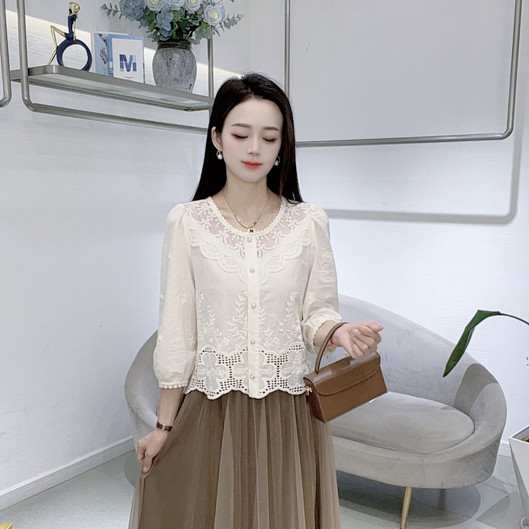 A8733早秋七分袖衬衫女新款淑女小衫宽松甜美百搭上衣
