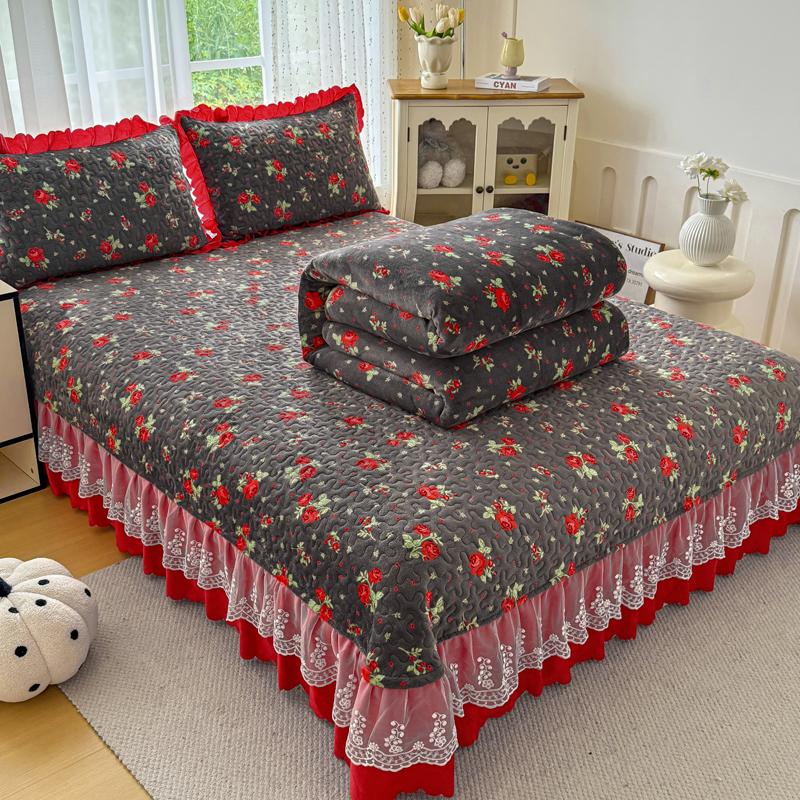 牛奶绒花边床盖三件套四件套保暖加厚双面榻榻米床品套件床单防滑