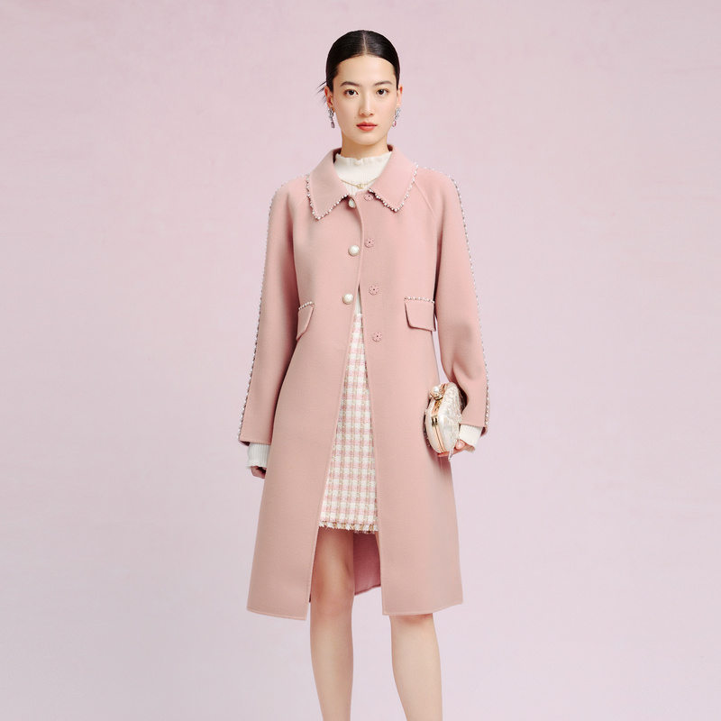 【羊毛】La Koradior拉珂蒂女时尚秋新款气质钉珠毛呢大衣长风衣