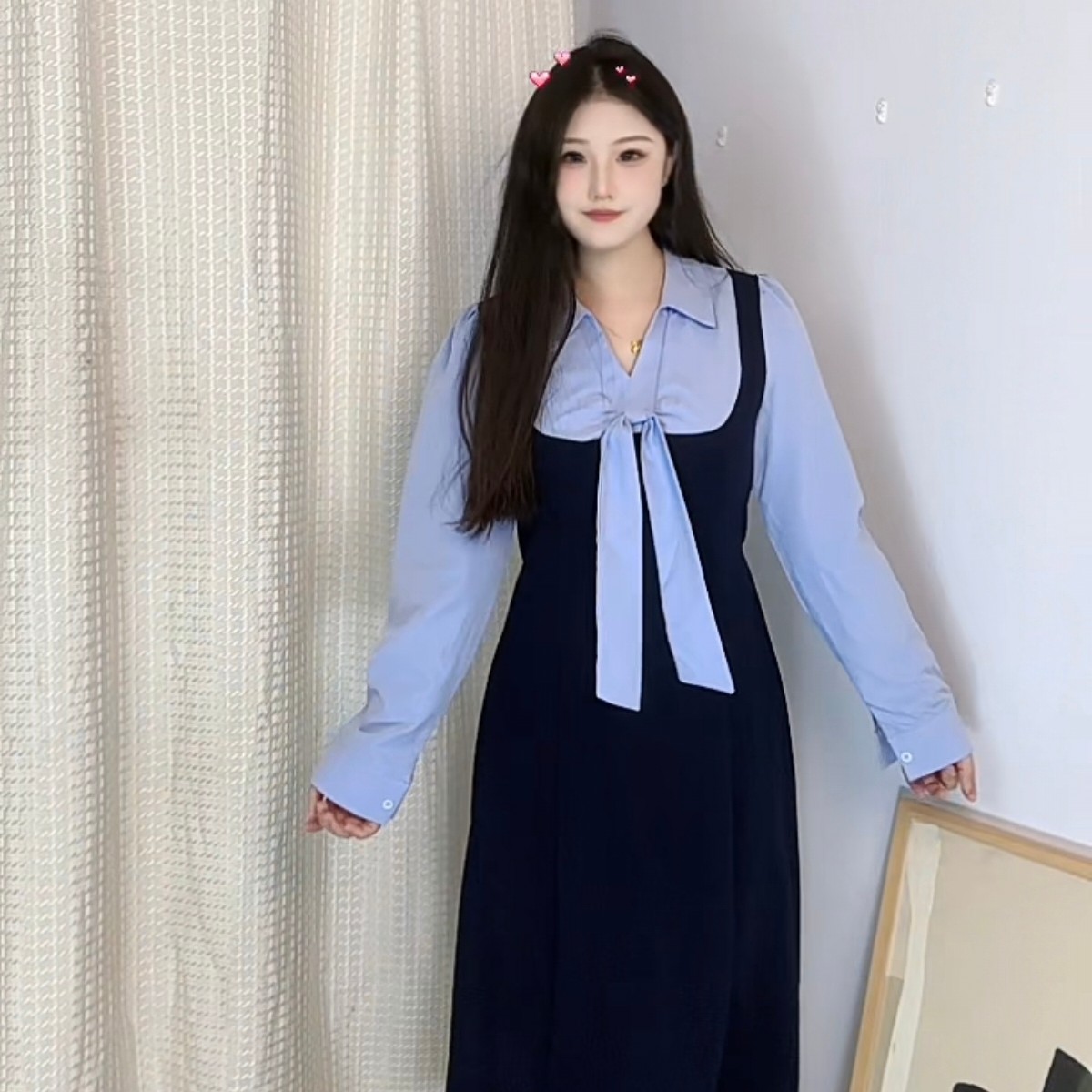 高腰撞色时尚蓝色学院风日漫少女风短款连衣裙拼接