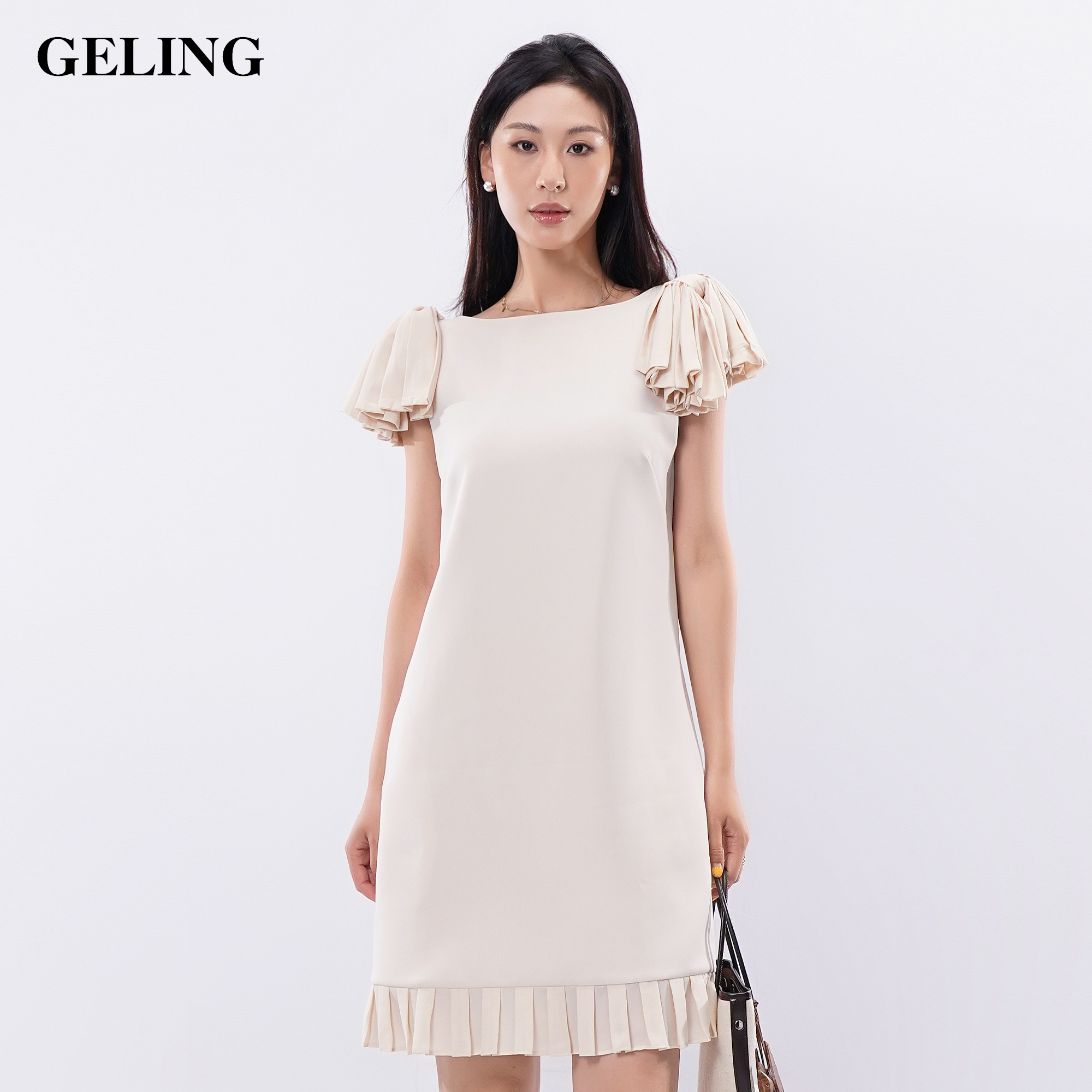 GELING/歌&玲夏季修身气质肩衬压折花圆领优雅连衣裙G501M166L