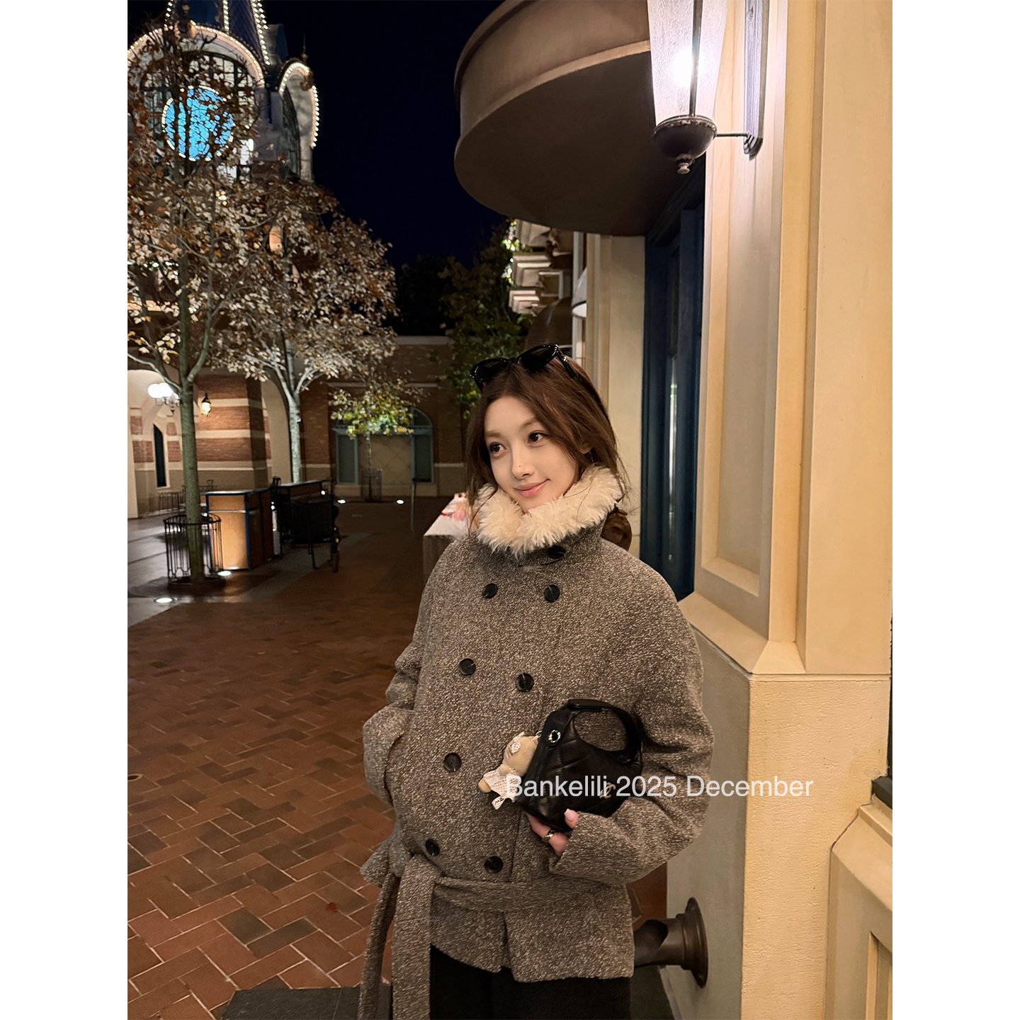 板栗可可'伯克利冬日'双排扣廓形毛领毛呢系带大衣女冬