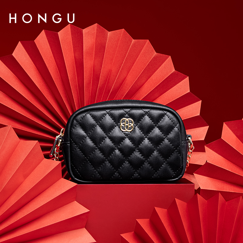 HONGU/红谷新款牛皮时尚经典牛皮菱格绣线手机包休闲通勤斜挎包