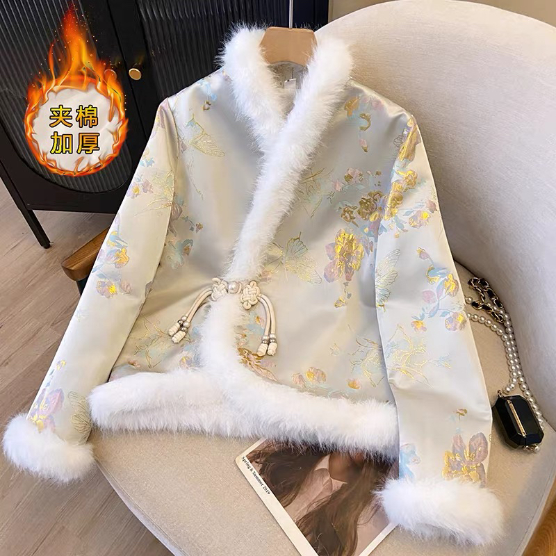 新中式冬季民族风女中国风短外套不褪色植物花卉