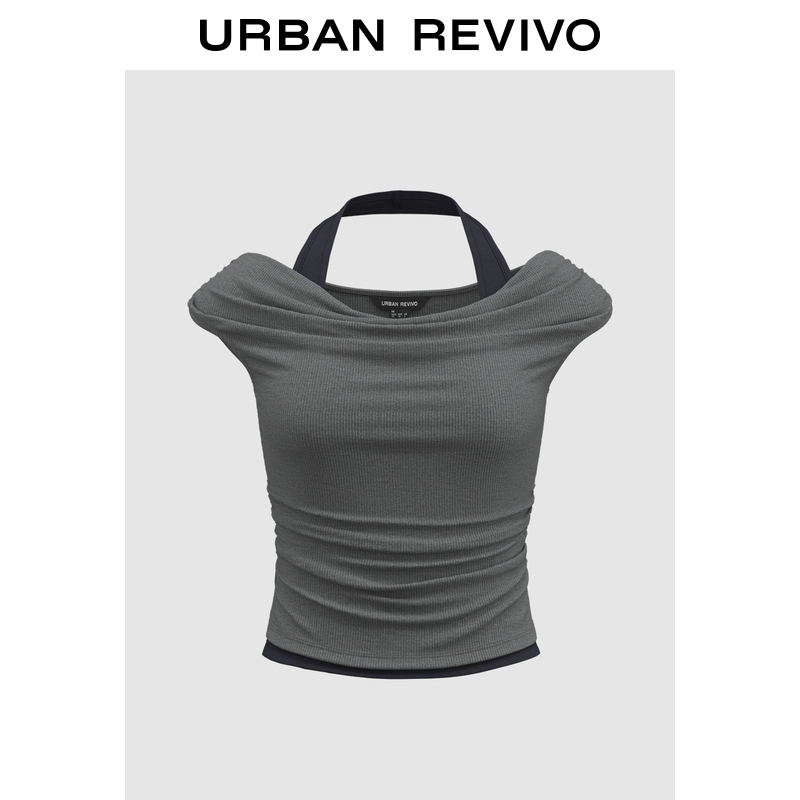 UR2025秋季新款女装简约气质一字领挂脖褶皱短袖T恤UWJ450133