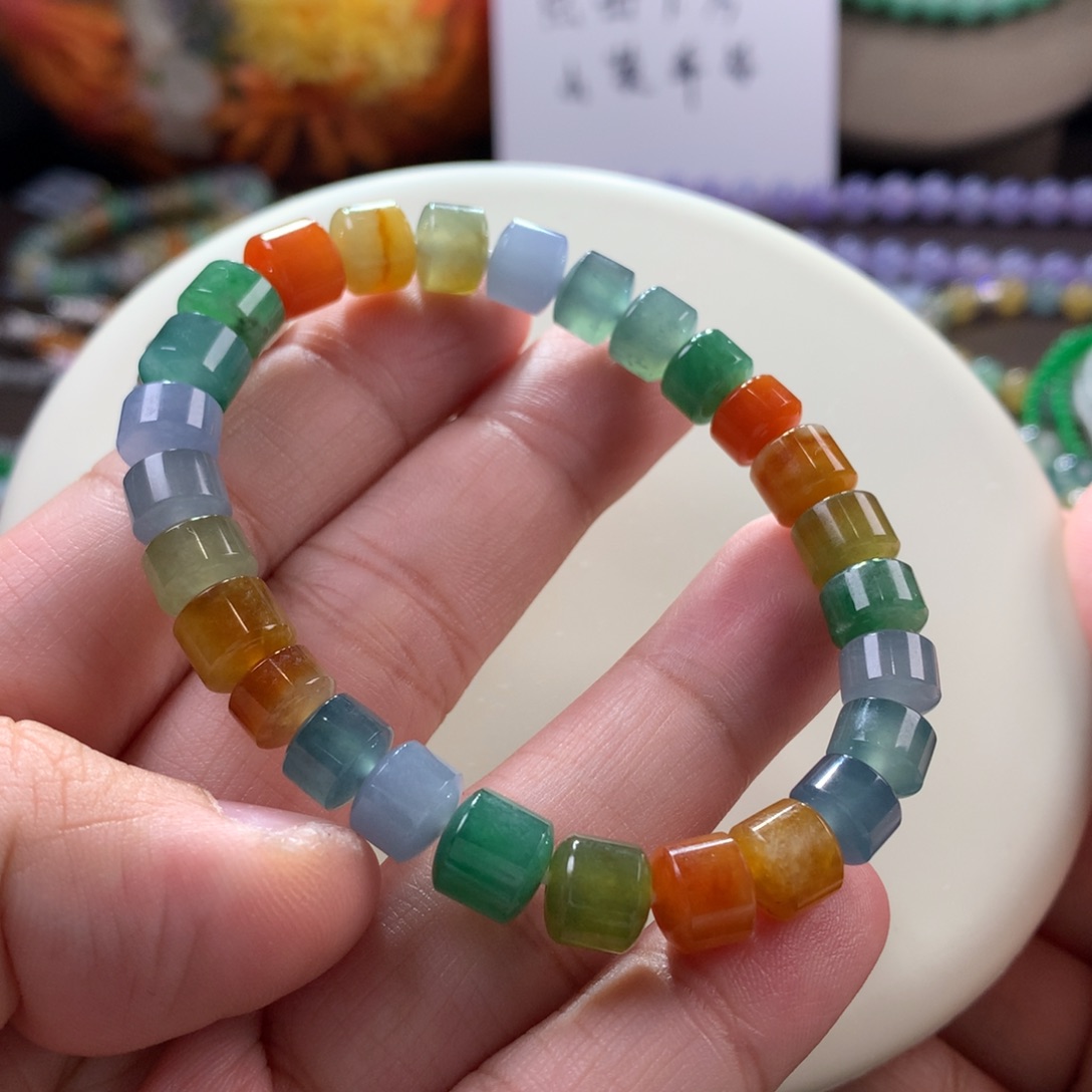 翡翠手链未镶嵌冰浓彩桶珠多宝手链