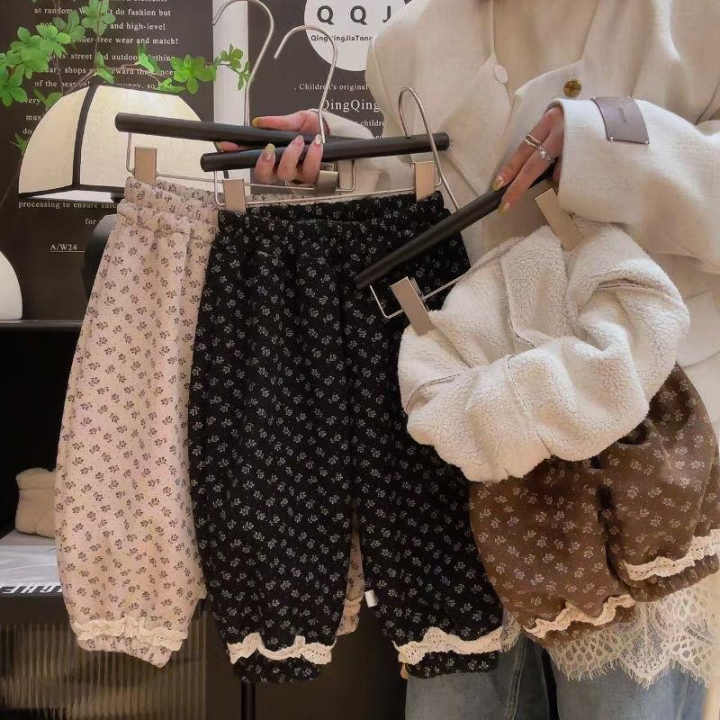 女童秋冬加绒裤子2025新款女宝宝冬季森系碎花一体绒加厚休闲长裤