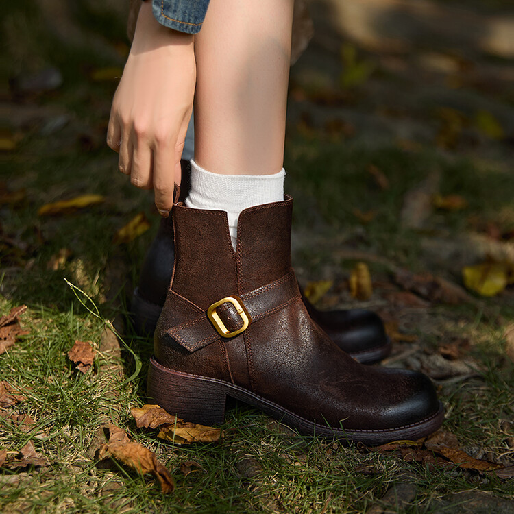短靴百搭真皮复古棕色粗跟厚底英伦风秋冬时尚中筒圆头秋季短筒