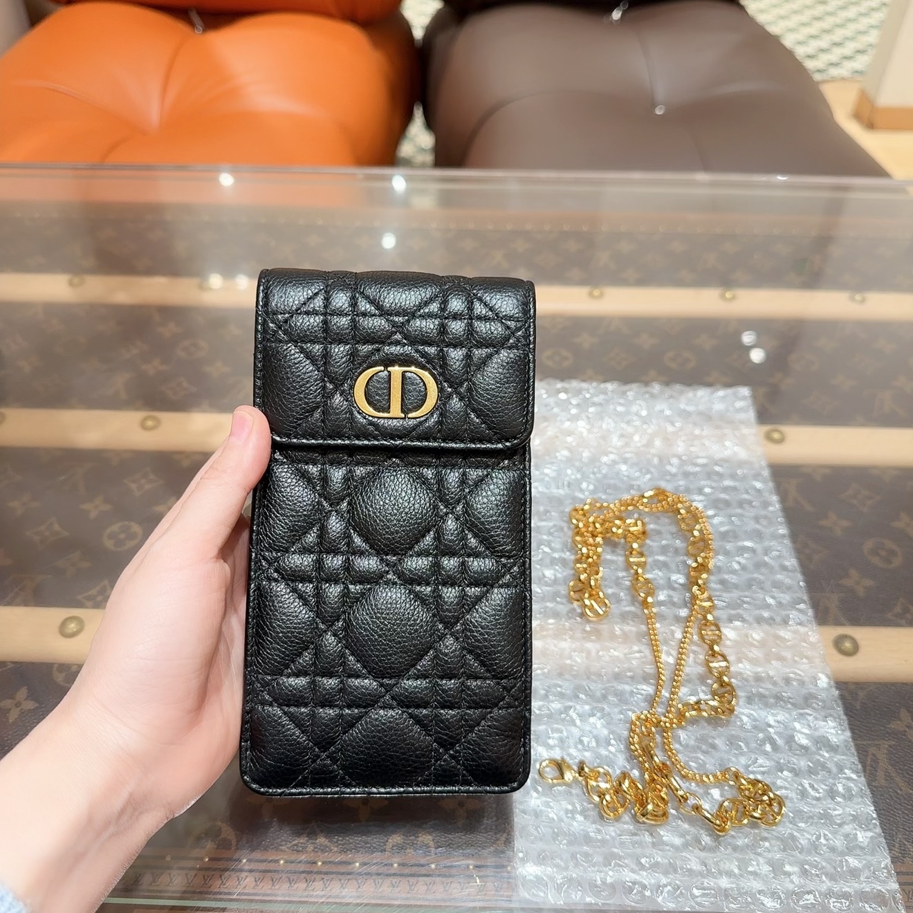 99新 DIOR/迪奥 Caro系列 黑金链条手机包 单肩斜挎包
