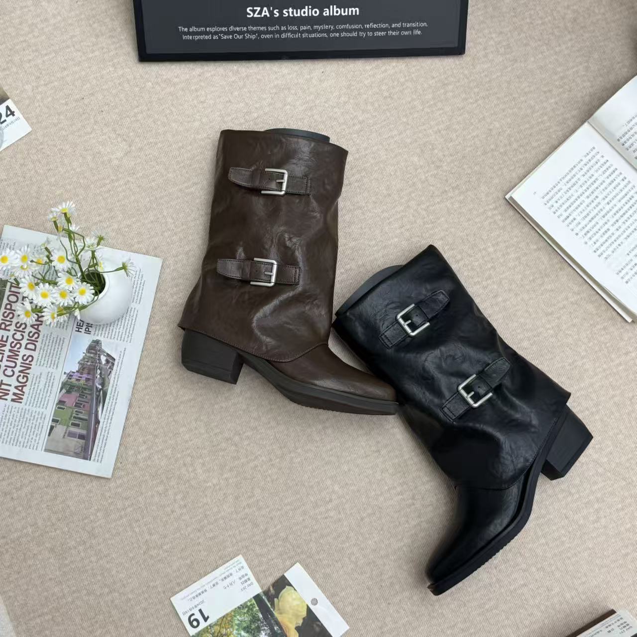 秋冬新品粗根厚底骑士靴女皮带扣复古马丁靴中短筒靴 Y 辣 8092