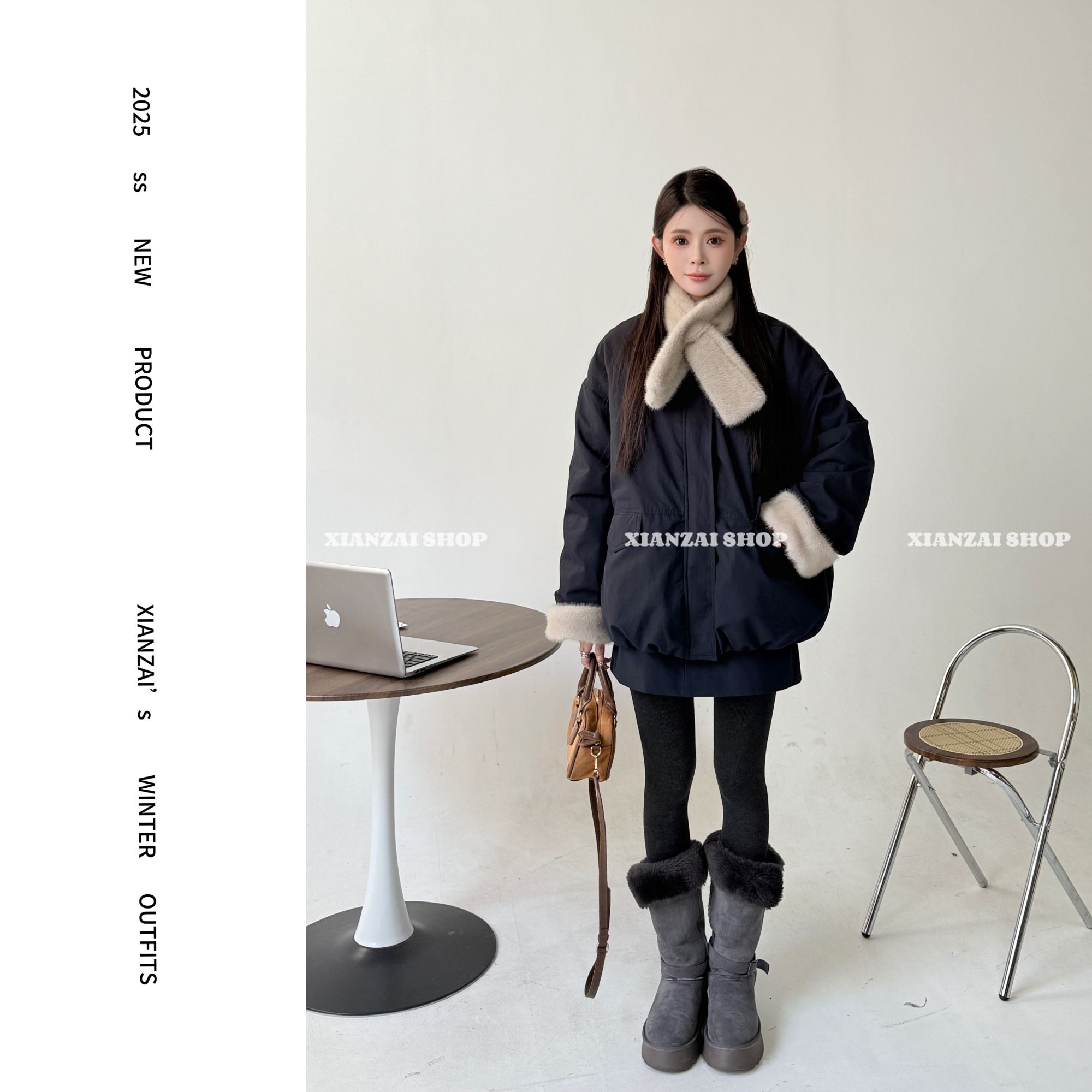 XIANZAI【塞纳河畔】冬季新款毛毛围巾圆领羽绒服外套短裙三件套装