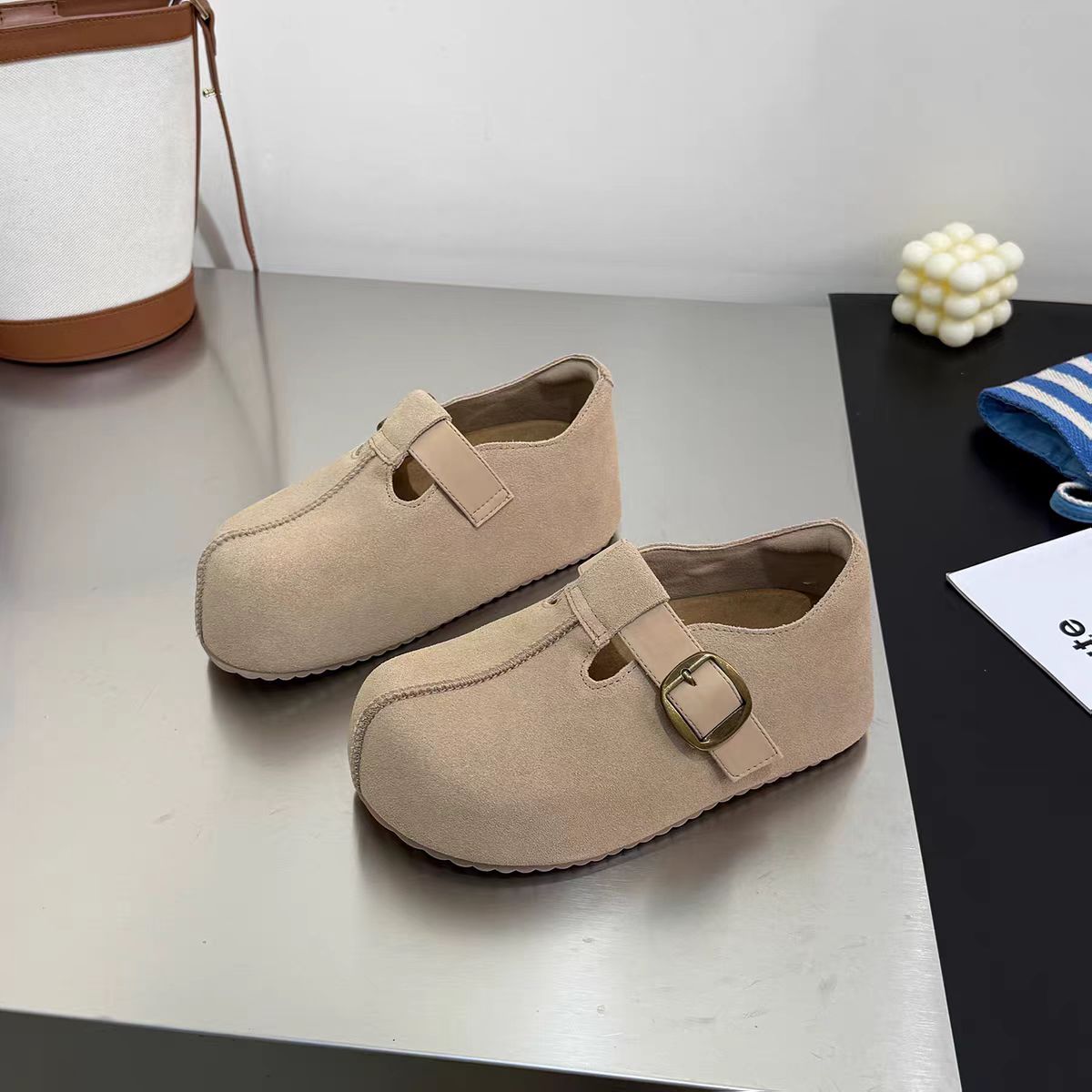 真皮勃肯吐司鞋女厚底复古2025新款一脚蹬女鞋5F0-2573-19