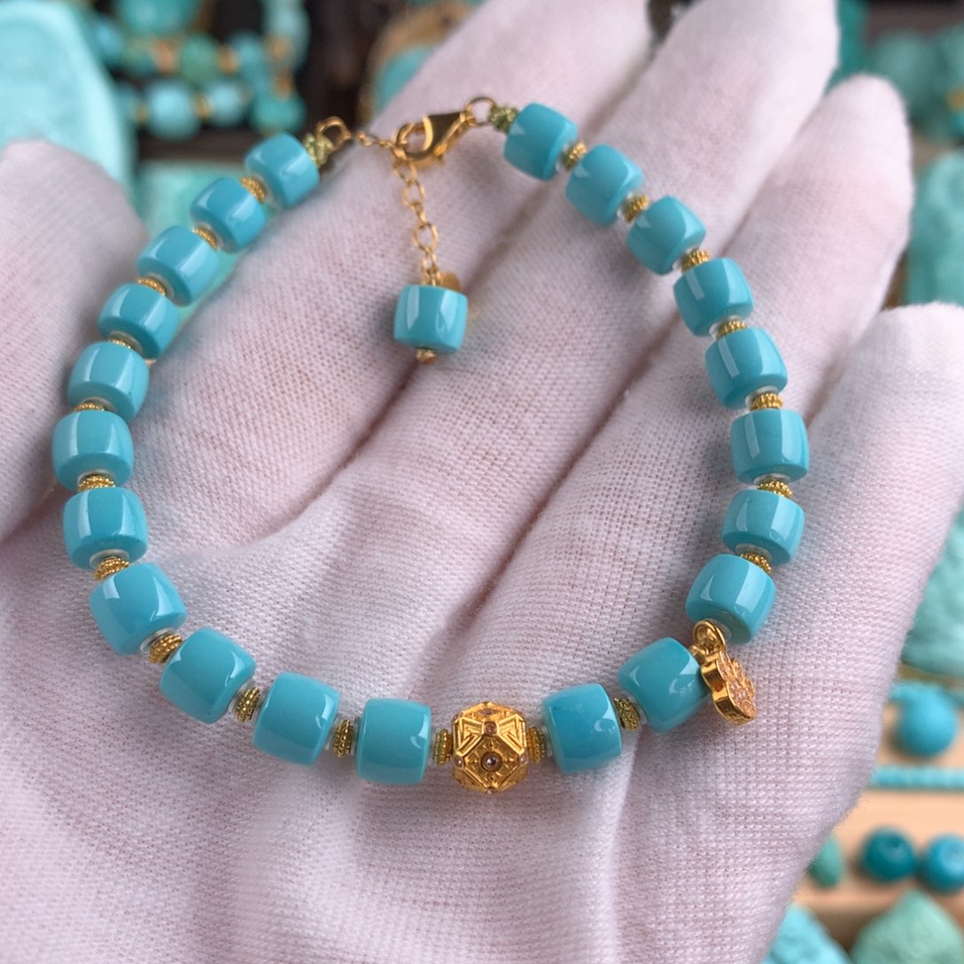 18K金镶嵌绿松石精品手链直切卡6.5