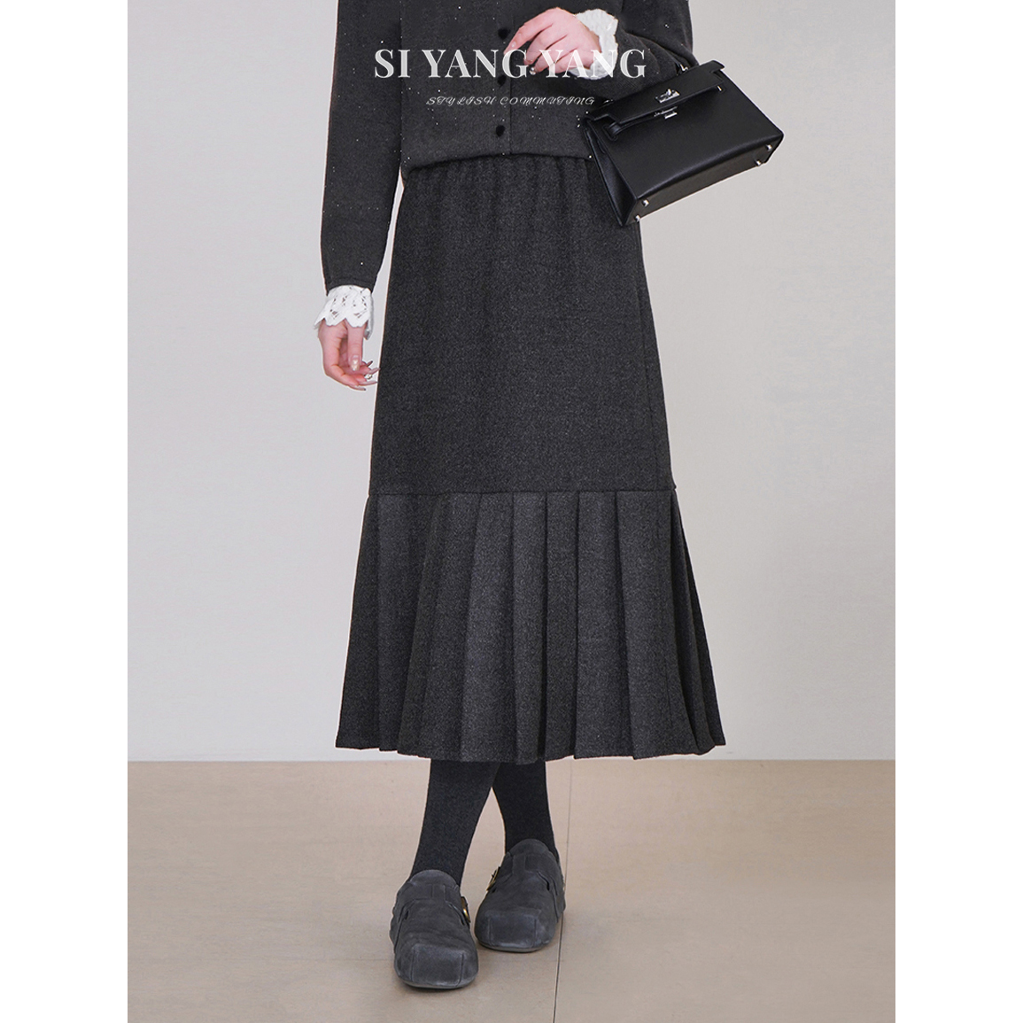 斯洋洋SIYANG冬季羊毛混纺柔软百搭通勤全腰松紧半裙BQ512A033SYY