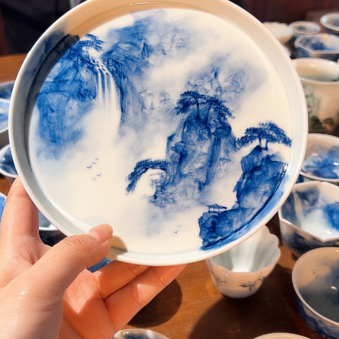 杯程***兄青花手绘山水壶承