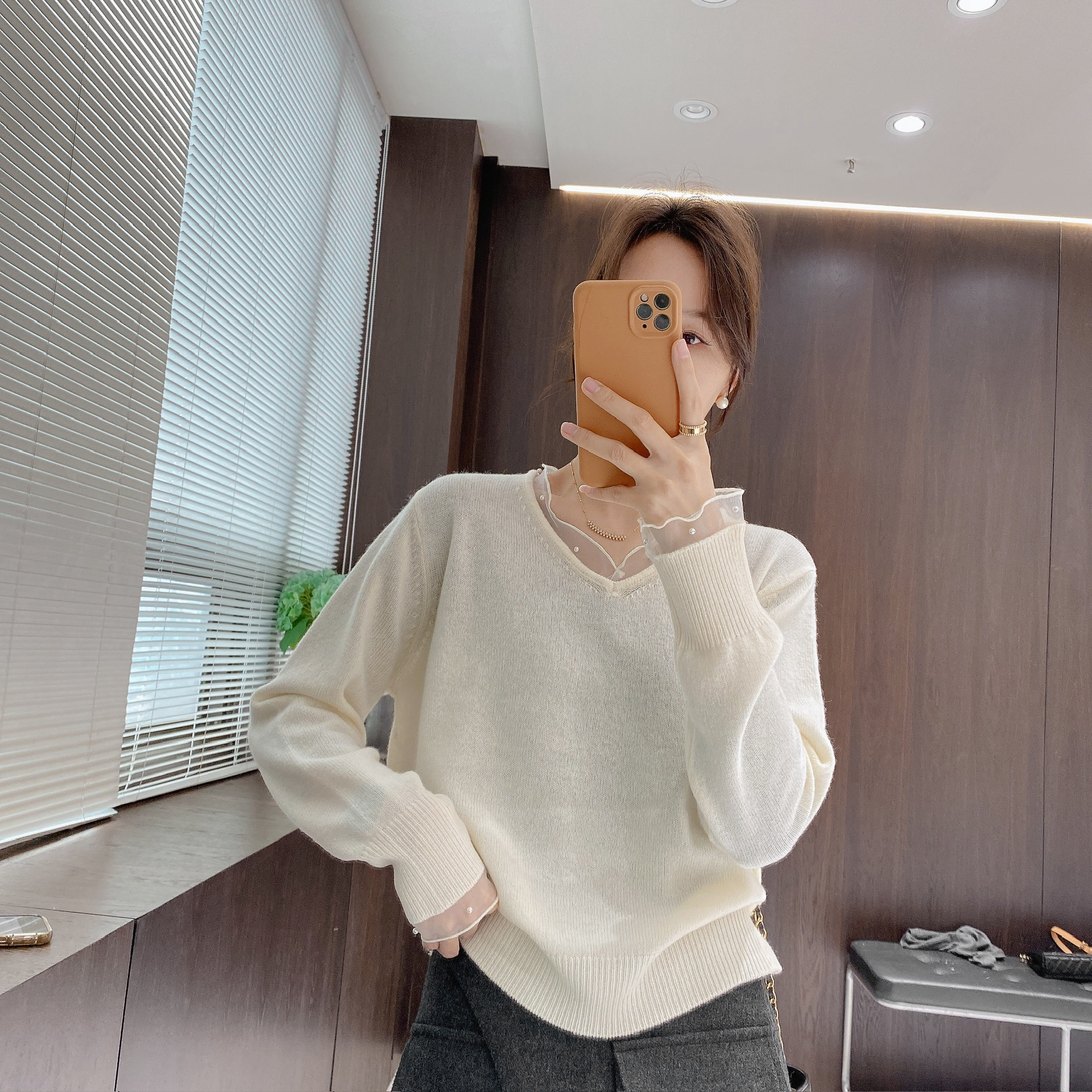 IMFLY金小金自制女装 羊毛衫DYW10211冬季气质网纱花边拼接针织衫