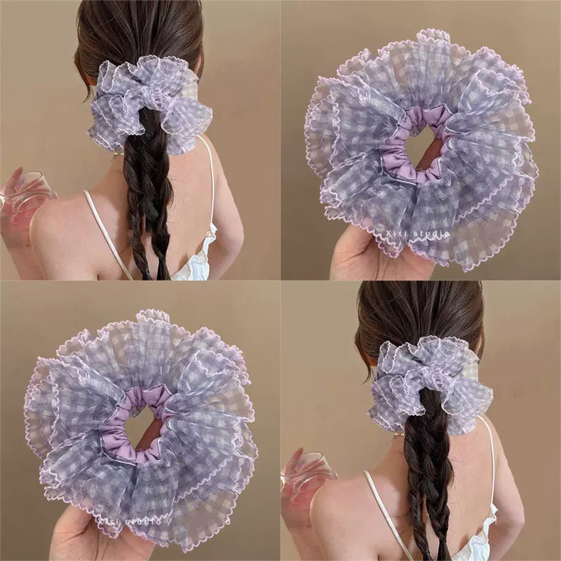 甜美蓝色格子法式早春网纱蕾丝花边大肠发圈高级感扎马尾皮筋发饰