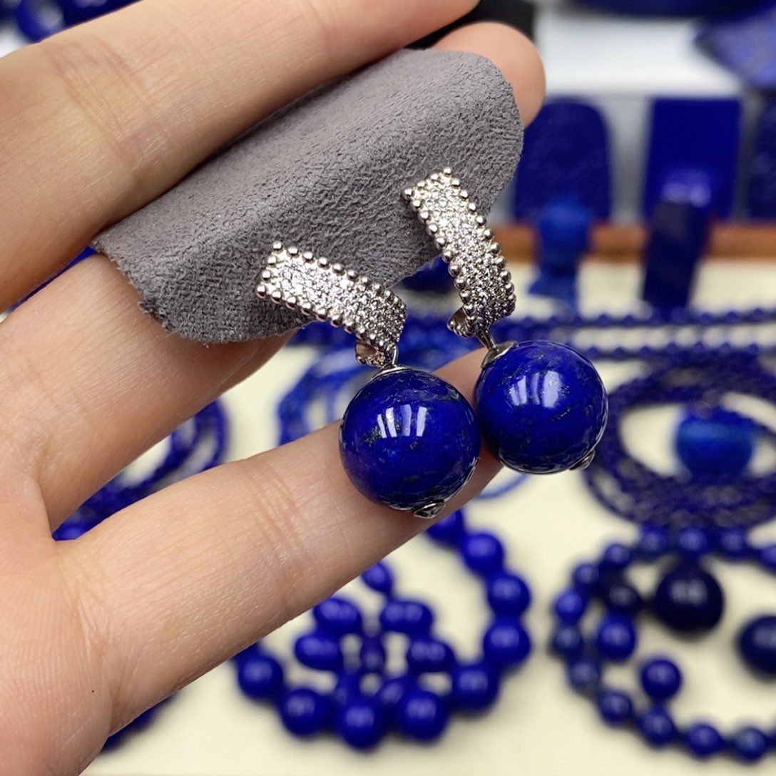 青金石耳饰银S925镶嵌