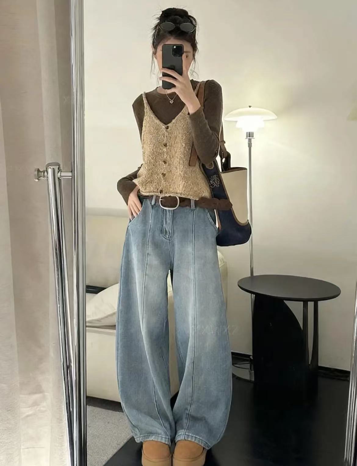 （可妮六周年）-#046复古拖地气球薄绒牛仔裤女女装阔腿裤子