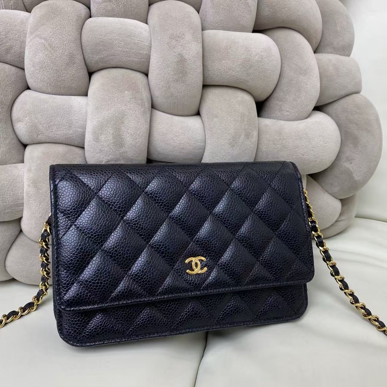 99新 Chanel/香奈儿 发财woc链条包黑金牛皮荔枝纹