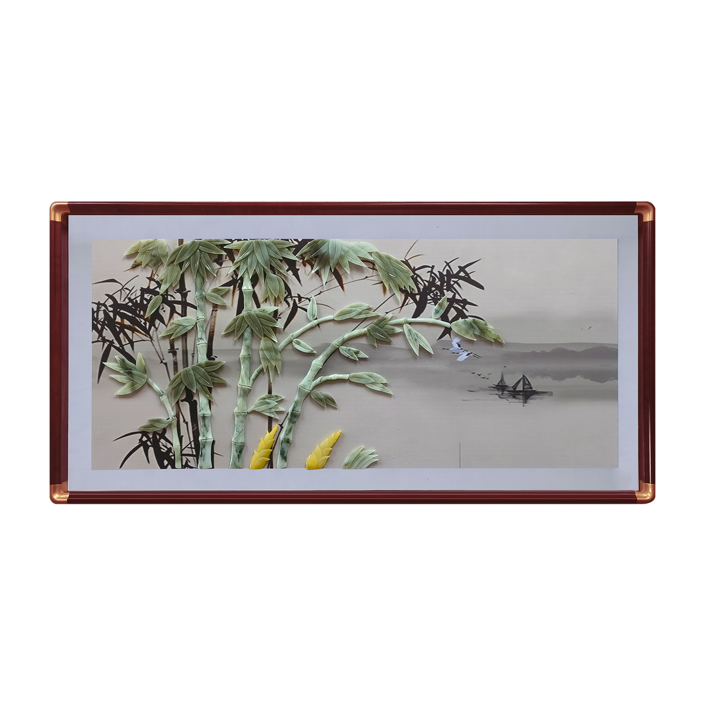 新中式58/118厘米带玻璃横板精品玉雕装饰画适用于客厅餐厅办公室