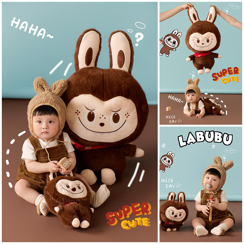 儿童摄影服装拉布布主题宝宝百天照周岁照拍照衣服棕色背带裤写真