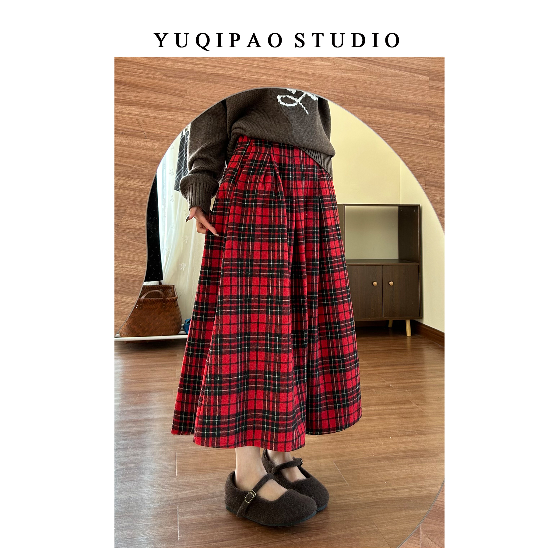 大码胖mm圣诞氛围感红格子半身裙冬季加厚显瘦a字裙格纹过膝长裙
