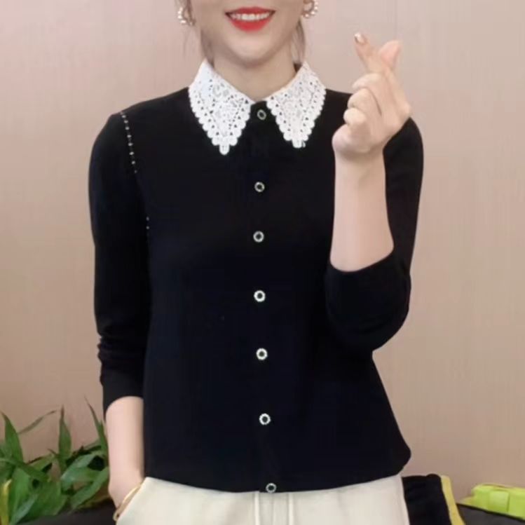 2025冬季新款精致蕾丝翻领时尚洋气双面绒保暖休闲长袖T恤6835