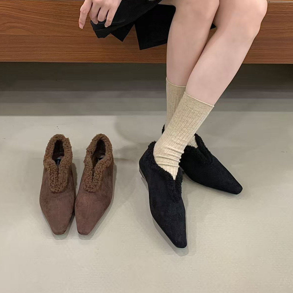 韩系加绒保暖玛丽珍鞋方头2636-26浅口毛毛鞋秋冬舒适复古绒面