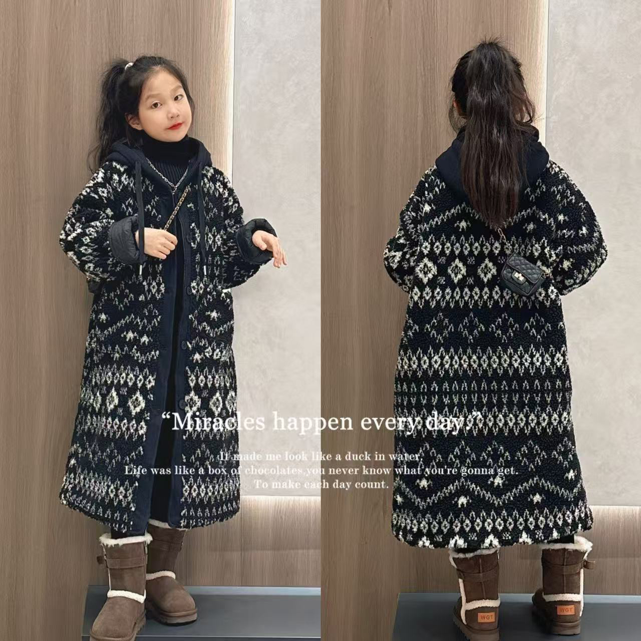 (亲子爆款)女童费尔风外套加厚秋冬装中大童连帽保暖洋气大衣套装