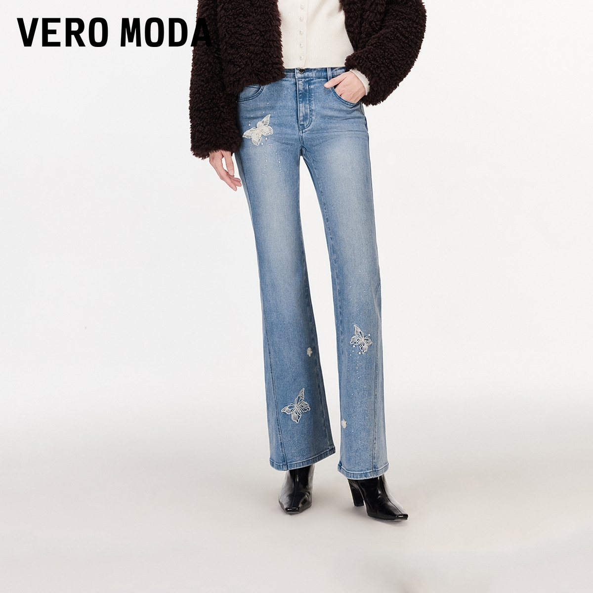 Vero Moda牛仔裤2026春季新款蕾丝蝴蝶烫钻绣花钉珠微喇326132013