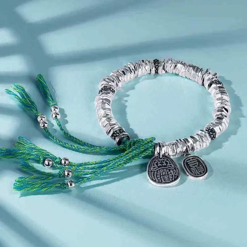 足银手链 61号链接足银999.9招财绿盘缠手链精致爆闪弹力绳手饰