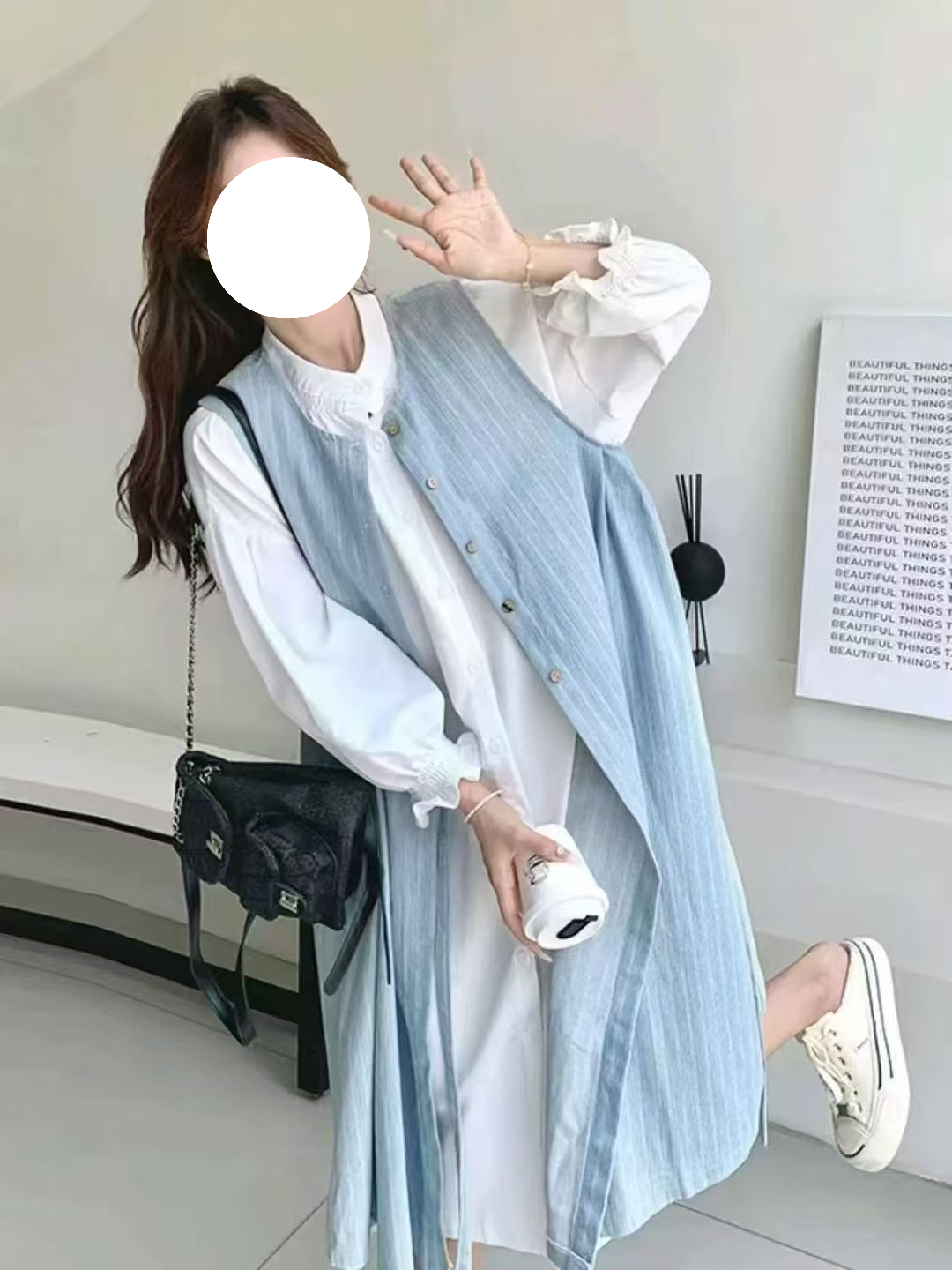 韩版中长款连衣裙气质早秋背心裙长袖衬衫两件套装加牛仔背心裙 