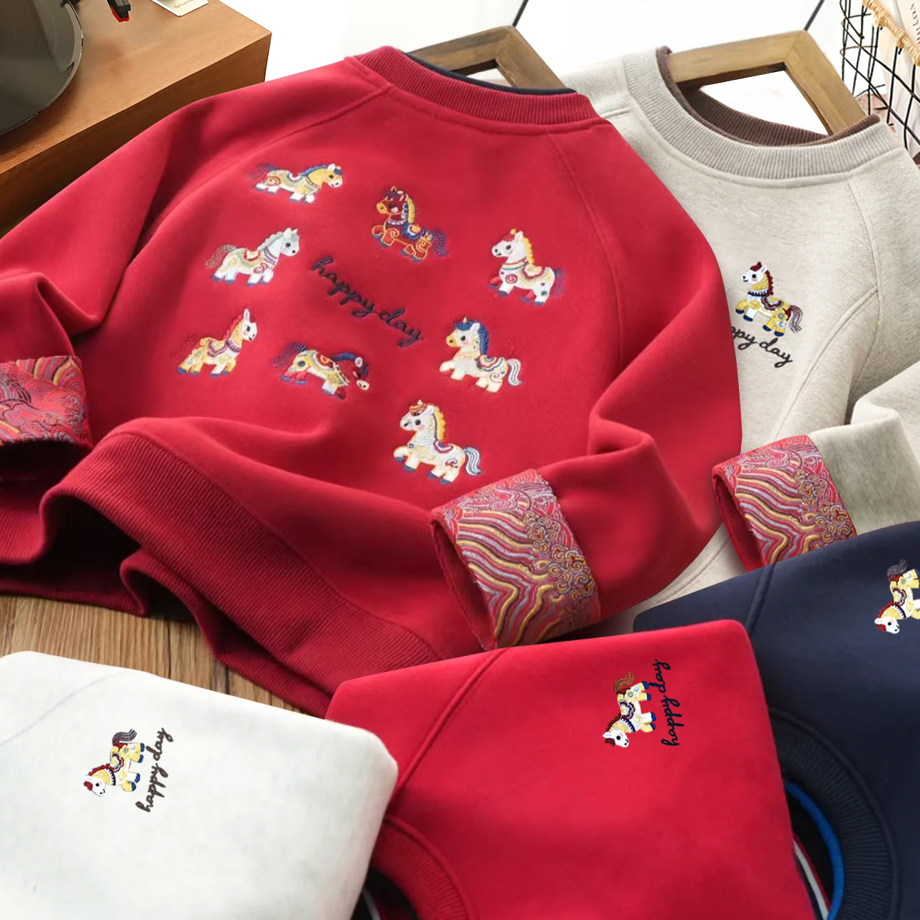 刺绣儿童加绒卫衣红色中小童男女童宝宝亲子装新年款拜年服国潮风