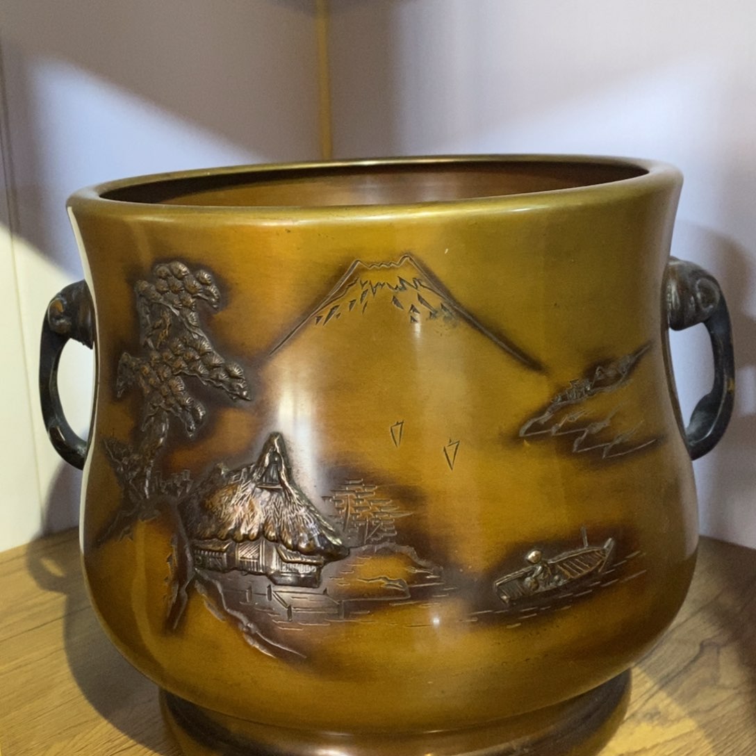 瓷片双耳铜火钵呀