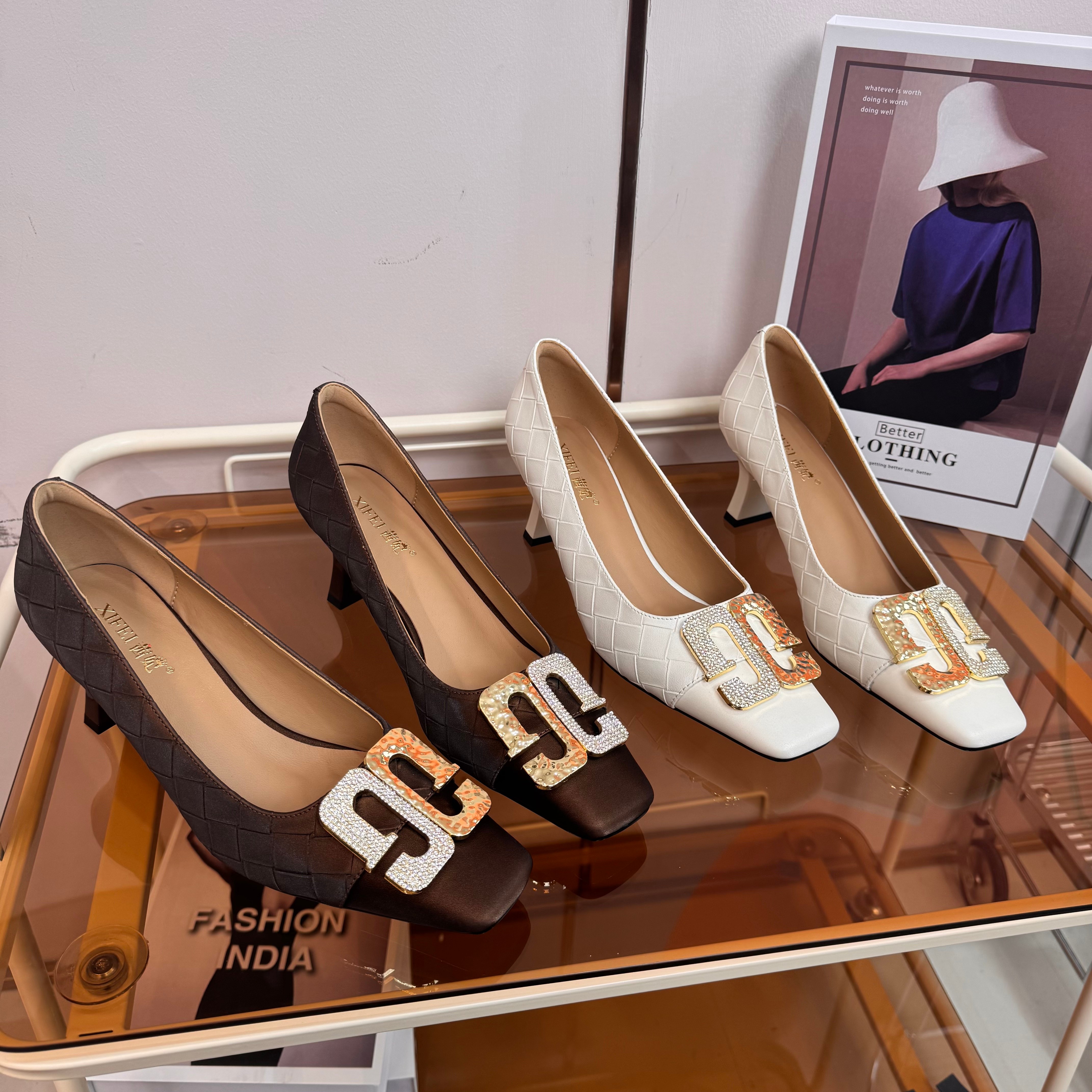 Chic Pa联名轻奢高定5CM/牛皮2025法式编织方头高跟单鞋y251003