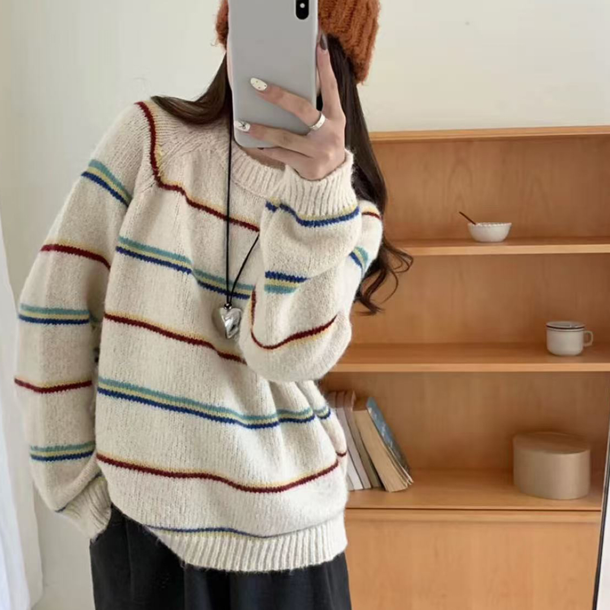 秋冬韩国彩色花纱线宽松毛衣宽松舒适套头上衣5116