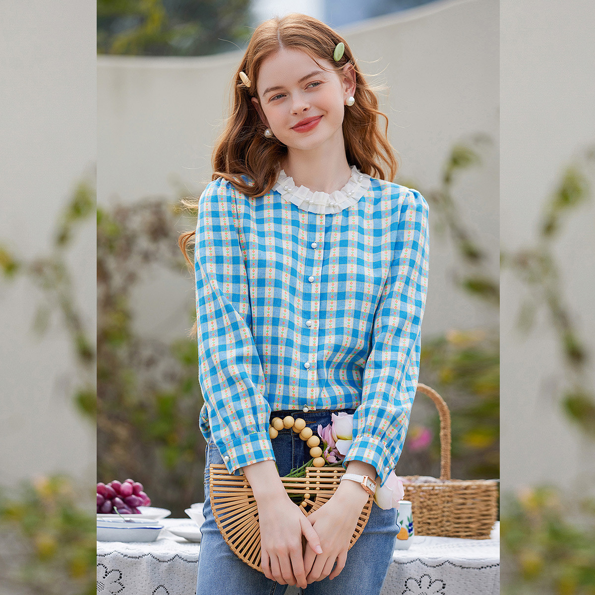 【绿子粉丝专享】&白鹿语钉珠花边圆领撞色格纹拼接衬衫WBY20007