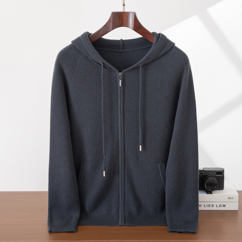 100%纯山羊绒男士空气层加厚桂花针连帽针织衫时尚休闲开衫外套