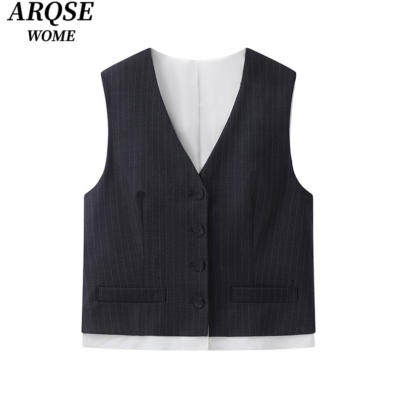 艾诺丝商场同款2025春季新品款条纹V领无袖马甲背心女1505