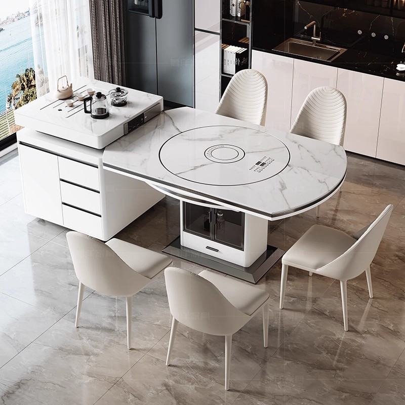 2025新款伸缩岛台餐桌一体家用轻奢多功能电磁炉内嵌转盘岩板餐桌