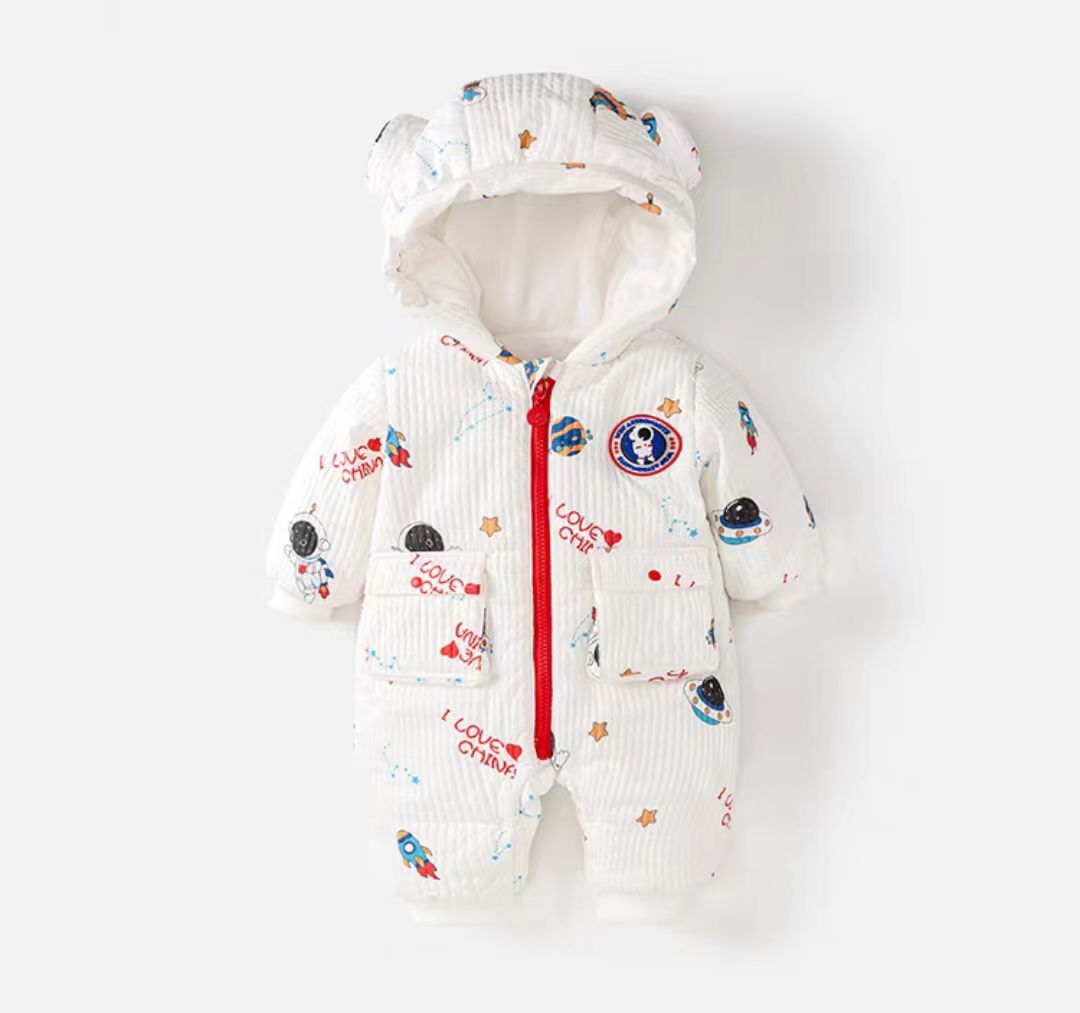 福利婴儿衣服冬装新生宝宝连体衣加绒满月百天外出哈衣冬季爬服