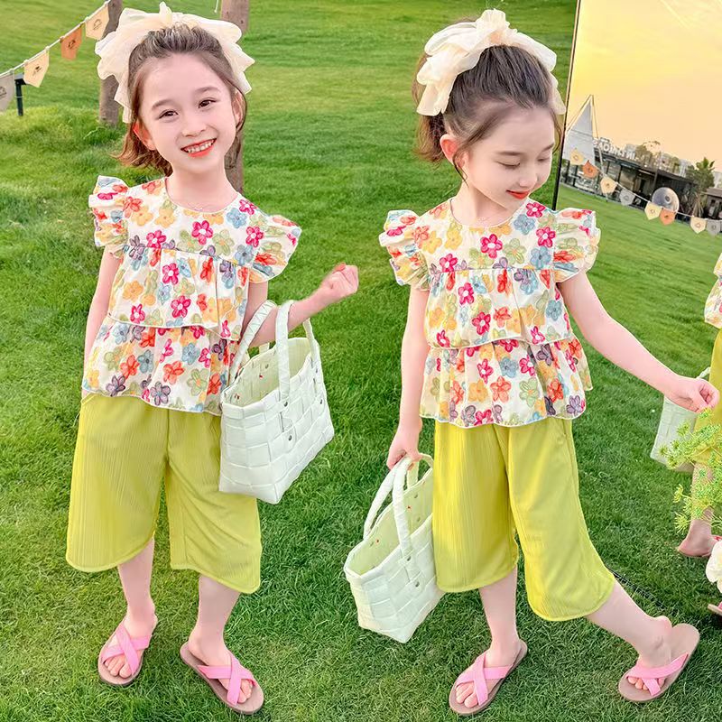 女童夏季碎花花边袖子套装2025儿童洋休闲气两件套潮流韩版两件套