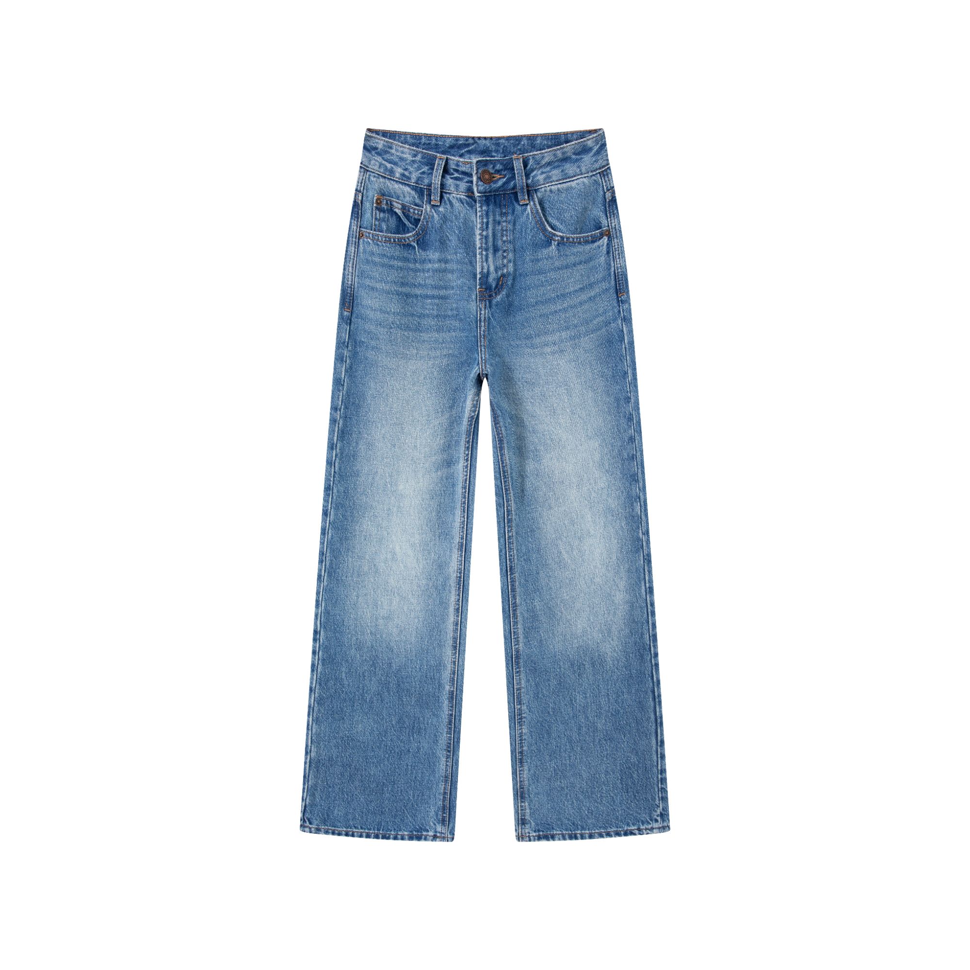 【热销过万】-树林1.0'毛中腰100棉水洗单片腰宽松直筒常规牛仔裤女