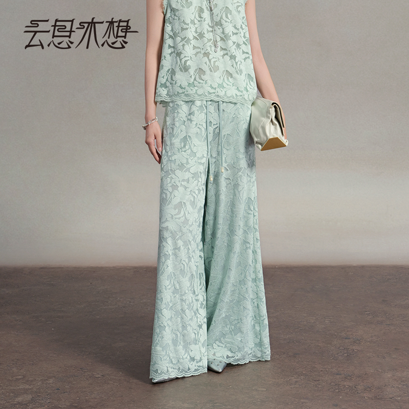 Ysimo-X云思木想 青青子衿 植物染蕾丝宽松阔腿休闲裤14970