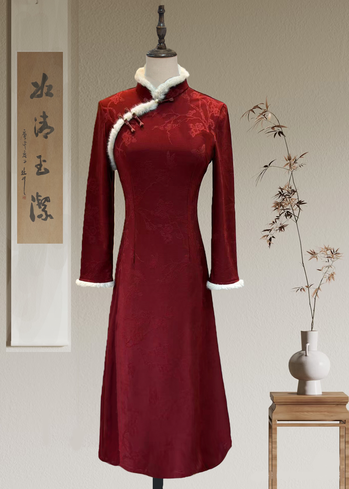 苏故里【霜红】冬季新款新中式加厚气质旗袍日常款修身复古优雅